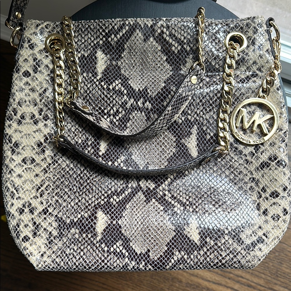 Michael Kors Snake Print Shoulder Bag - Brown and Cream
